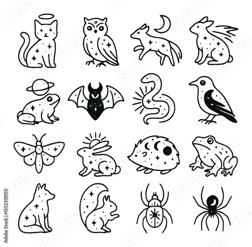 Celestial magical familiars icons in minimalistic line art : starry cat with halo, moon-crowned owl, comet-tailed fox, constellation rat, planet-ringed toad, eclipse bat, aurora serpent,