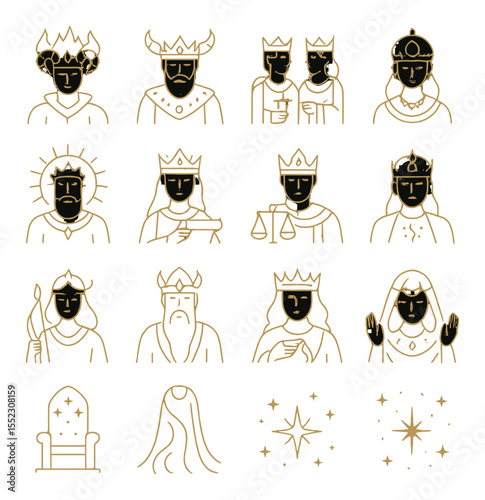 Zodiac characters as mythic royalty icons in minimalistic line art : Aries crown of fire, Taurus gem-covered king, Gemini twin throne rulers, Cancer pearl queen, Leo solar emperor, Virgo