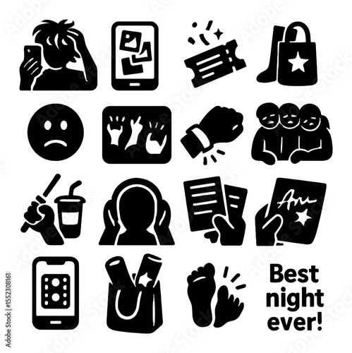 Post-concert buzz icons in silhouette solid black-filled shapes with clean, simple : messy hair selfie, photo dump icon, ticket stub with confetti, merch bag at feet, voice gone emoji, blurry