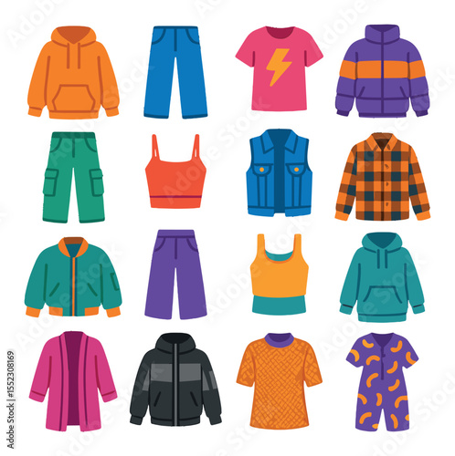 Streetwear outfit pieces icons in modern flat vector in minimalistic vibrant color design: oversized hoodie, baggy jeans, graphic tee, puffer jacket, cargo pants, cropped top, denim vest, plaid