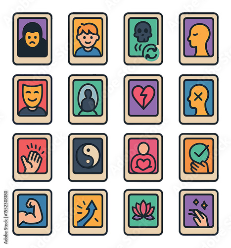 Shadow work tarot layout icons in modern flat vector in minimalistic vibrant color design: repressed fear card, inner child card, toxic pattern card, unresolved trauma card, masked self card,