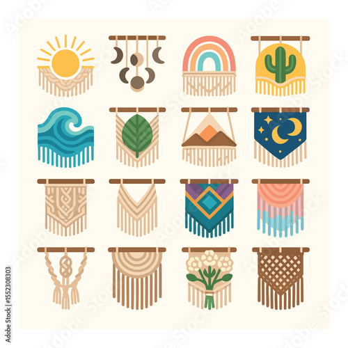 Themed macramé decor icons in modern flat vector in minimalistic vibrant color design: boho sunburst panel, lunar phase curtain, rainbow pastel wall piece, desert cactus design, ocean wave