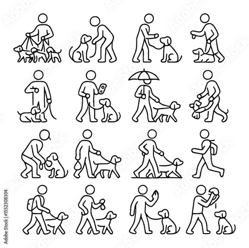 Dog walker in action icons in minimalistic line art : walker holding multiple leashes, walker bending to pet a dog, walker tying shoe with leash in hand, walker offering treat, dog walker