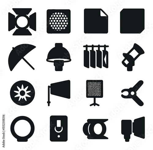 Lighting modifiers and tools icons in silhouette solid black-filled shapes with clean, simple : barn door flags, honeycomb grid filter, diffusion gel sheet, CTO gel square, bounce umbrella,