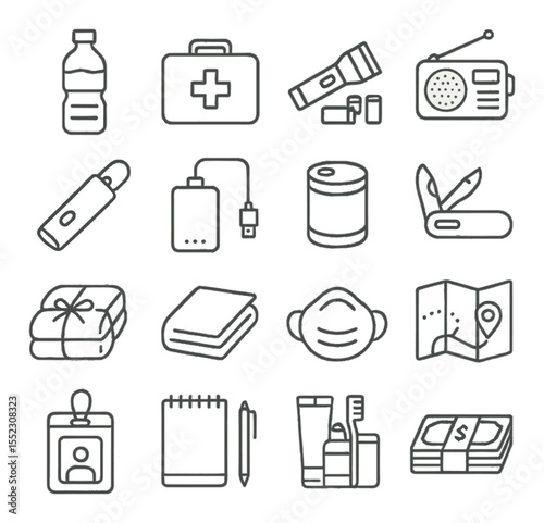 Earthquake emergency kit items icons in minimalistic line art : bottled water, first aid kit, flashlight with batteries, portable radio, emergency whistle, power bank charger, canned food, multi