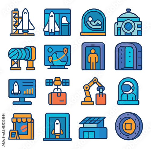 Spaceport terminals icons in modern flat vector in minimalistic vibrant color design: vertical launch pad, shuttle boarding gate, zero-gravity lounge, spaceport control hub, boarding bridge