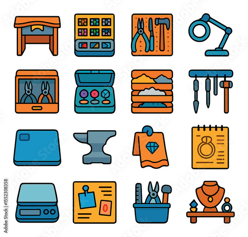 Jewelry workstation setup icons in modern flat vector in minimalistic vibrant color design: jewelry bench, organized bead containers, pegboard with tools, lighted magnifier, drawer with pliers,