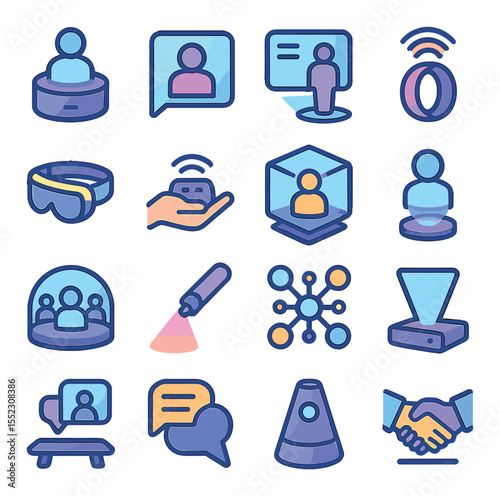 Holographic meeting technology icons in modern flat vector in minimalistic vibrant color design: hologram projector pod, 3D call interface, interactive floating screen, voice command ring, AR