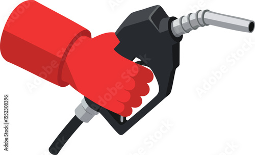 Red Gloved Hand Holding Black Fuel Pump Nozzle Vector Illustration for Gasoline Refueling Station 