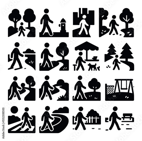 Environments for walking icons in silhouette solid black-filled shapes with clean, simple : park path with trees, city sidewalk with hydrant, suburban street with mailbox, riverside trail,