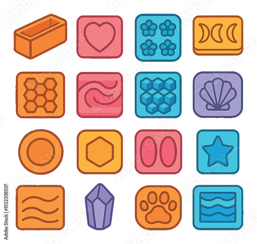 Soap mold shapes icons in modern flat vector in minimalistic vibrant color design: rectangular loaf mold, heart-shaped cavity mold, flower mold tray, moon phase mold, honeycomb pattern mold,