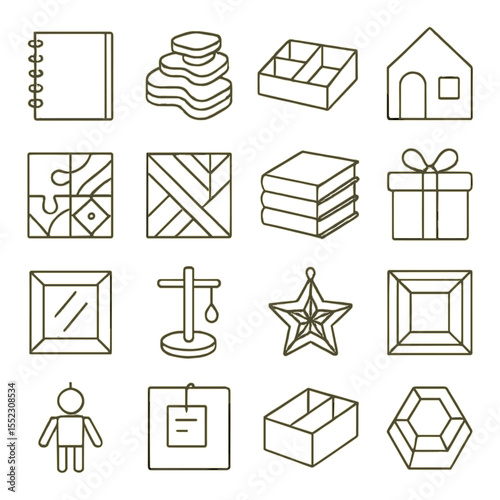 Upcycled cardboard projects icons in minimalistic line art : cereal box notebook cover, layered cardboard sculpture, drawer organizer tray, cardboard playhouse piece, painted puzzle tile,