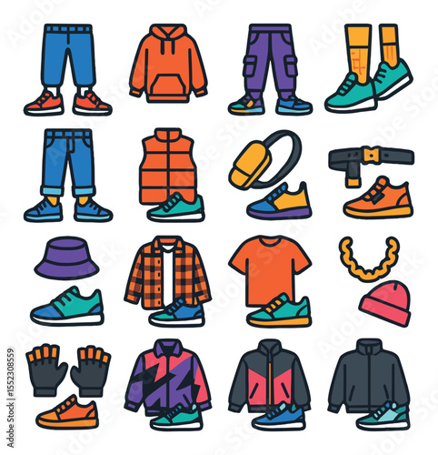 Streetwear sneaker pairings icons in modern flat vector in minimalistic vibrant color design: jogger pants, oversized hoodie, street- cargo pants, mesh socks, cuffed denim, puffer vest,
