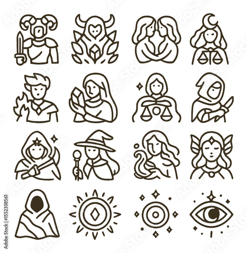 Zodiac characters as fantasy beings icons in minimalistic line art : Aries warrior with horns, Taurus earth guardian, Gemini twin spirits, Cancer moon mage, Leo fire prince, Virgo crystal healer