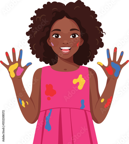 Happy young girl with colorful paint on hands and clothes enjoying creative art playtime in pink dress cheerful expression