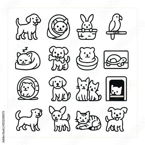 Adoptable pets icons in minimalistic line art : happy dog with wagging tail, curious cat in blanket, rabbit peeking from basket, parrot on perch, sleepy kitten in box, excited puppy with toy,