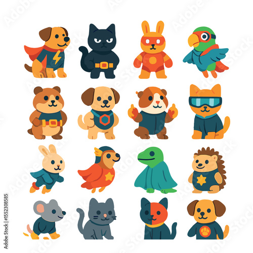 Superhero-themed costumes icons in modern flat vector in minimalistic vibrant color design: dog in cape with lightning bolt, cat in stealth suit and mask, bunny in power armor, parrot in flight