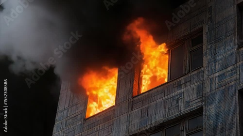 Large Fire Raging in Upper Floor of Building with Thick Black Smoke Emanating from Windows