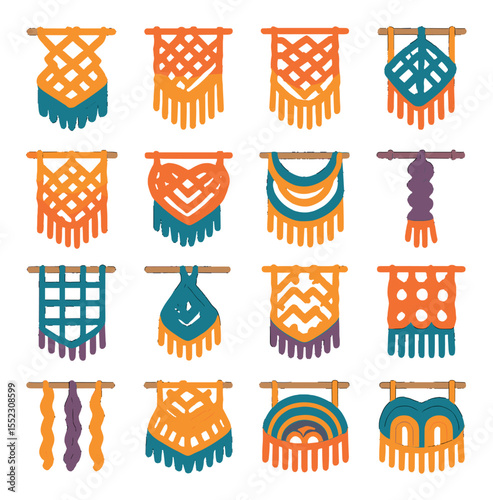 Macramé wall art patterns icons in modern flat vector in minimalistic vibrant color design: diamond knot layout, chevron fringe pattern, cascading loops design, triangle focal weave, leaf knot