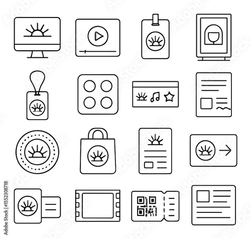 Festival branding and visuals icons in minimalistic line art : festival logo reveal screen, animated intro clip, custom event badge, thematic poster board, branded lanyard, color palette swatch,