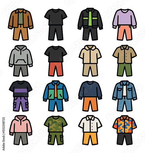 Color-coordinated outfits icons in modern flat vector in minimalistic vibrant color design: earth tone combo, monochrome set, neon highlights, pastel blend outfit, grayscale look, black and red