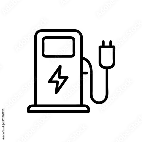 Electric vehicle charging station with lightning bolt symbol and plug in outline style. Concept for eco friendly transport. Vector icon for app, web.