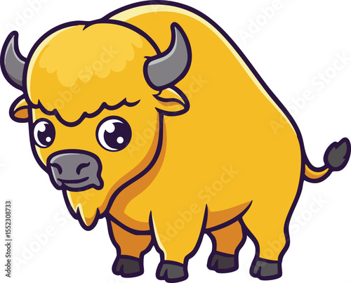 Yellow cartoon bison standing with curious expression in simple vector style illustration 
