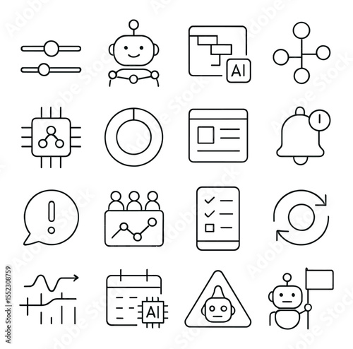 AI in project management icons in minimalistic line art : task priority slider, workload distribution bot, Gantt chart AI view, milestone tracking node, resource allocation chip, progress
