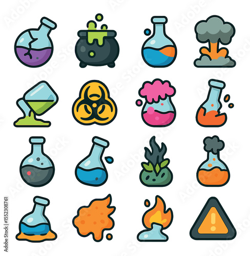 Failed potion results icons in modern flat vector in minimalistic vibrant color design: cracked potion bottle, bubbling over cauldron, color-changing brew, smoky explosion, slime spill jar,