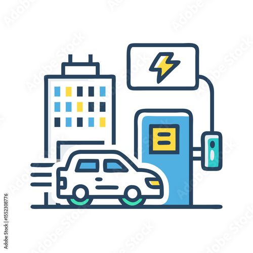 White electric car charging at station in city. Sustainable energy and modern technology concept. Vector illustration for web, icon, banner