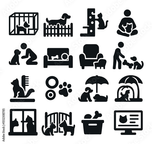 Pet interaction zones icons in silhouette solid black-filled shapes with clean, simple : indoor playpen area, outdoor fenced yard, cat climbing wall, quiet cuddle room, puppy meet-and-greet