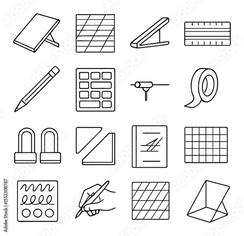 Calligraphy practice and layout tools icons in minimalistic line art : slanted writing board, guide line template, angled pen rest, transparent writing ruler, pencil with eraser, spacing