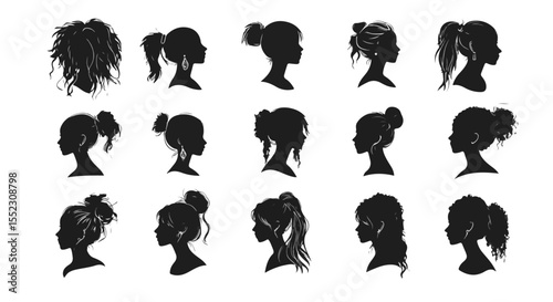 Elegant silhouettes presenting diverse hairstyles for women, offering a stylish collection for beauty and fashion inspiration.