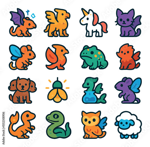 Miniature magical beasts icons in modern flat vector in minimalistic vibrant color design: tiny dragon with runes, pocket-sized griffin, mini unicorn, bat-winged kitten, fae mouse, shrunken
