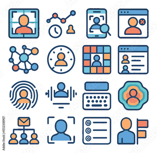 Identity and profile analysis icons in modern flat vector in minimalistic vibrant color design: avatar reconstruction panel, behavioral pattern chart, social media profile scan, fake persona