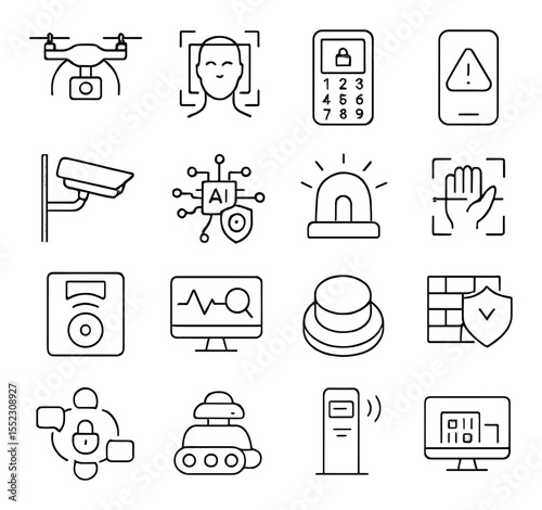Smart security icons in minimalistic line art : surveillance drone, facial recognition gateway, digital lockpad, emergency response alert, smart street camera, AI threat detector, citywide alarm