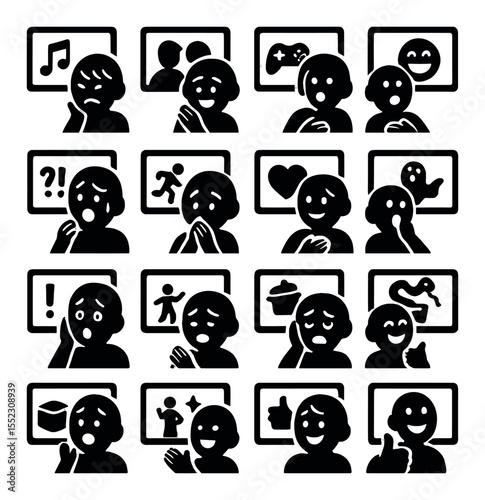 Types of content reactions icons in silhouette solid black-filled shapes with clean, simple : reacting to music video, reacting to movie scene, reacting to game clip, reacting to meme