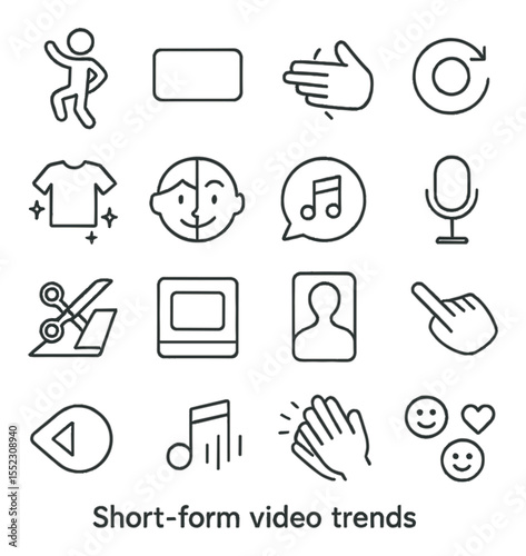 Short-form video trends icons in minimalistic line art : looping dance pose, text overlay box, transition swipe hand, camera flip icon, outfit change sparkles, before-after face, trending sound