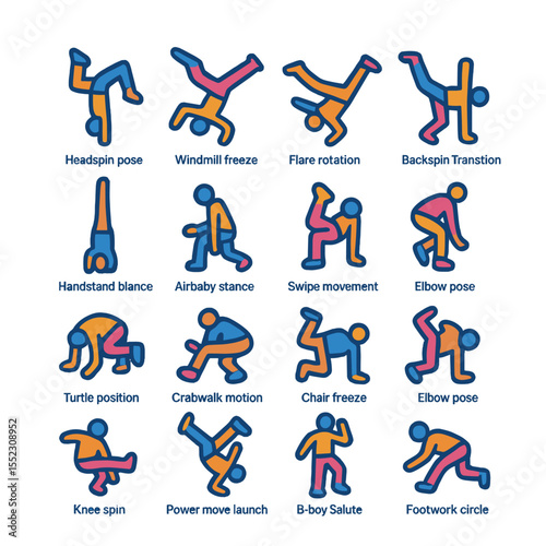 Breakdance moves icons in modern flat vector in minimalistic vibrant color design: headspin pose, windmill freeze, flare rotation, backspin transition, handstand balance, hollowback freeze,