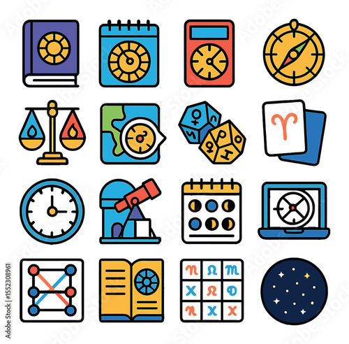 Astrology tools and visuals icons in modern flat vector in minimalistic vibrant color design: ephemeris book, zodiac calendar, chart calculator, celestial compass, element balance scale,
