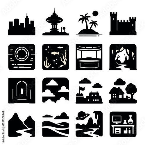 Virtual environment previews icons in silhouette solid black-filled shapes with clean, simple : cityscape background layer, space station render, tropical island scene, medieval castle wall,