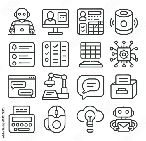 AI at the digital desk icons in minimalistic line art : robotic assistant typing, virtual meeting screen, AI scheduling interface, voice assistant pod, smart notification panel, digital workflow