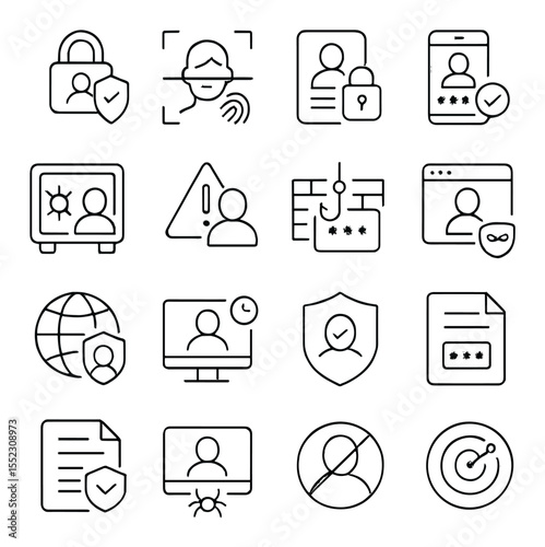 Preventive identity protection icons in minimalistic line art : identity lock shield, biometric security scan, encrypted ID file, two-factor authentication, secure identity vault, suspicious