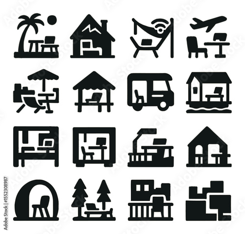 Remote work environments icons in silhouette solid black-filled shapes with clean, simple : beachside coworking table, mountain cabin with desk, hammock with laptop, airport lounge workspace,
