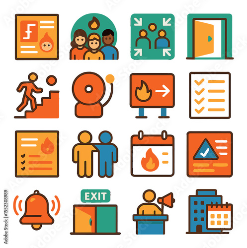 Fire drill for schools and offices icons in modern flat vector in minimalistic vibrant color design: classroom drill poster, student lineup icon, staff meeting point, office door exit symbol,