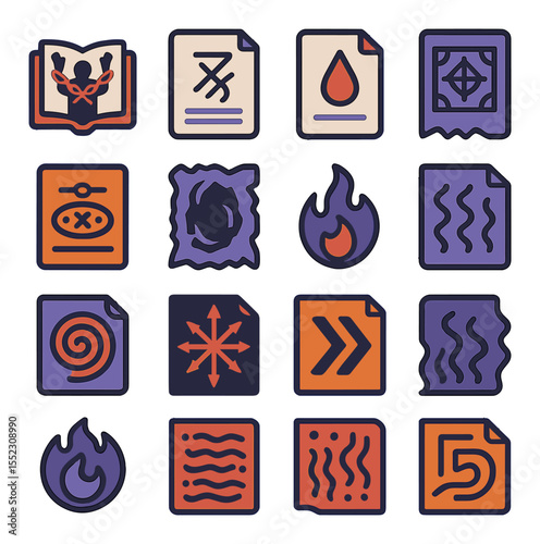 Dark magic pages icons in modern flat vector in minimalistic vibrant color design: shadow binding glyph, cursed mark script, blood ink seal, soul trap diagram, forbidden rune circle, nightmare