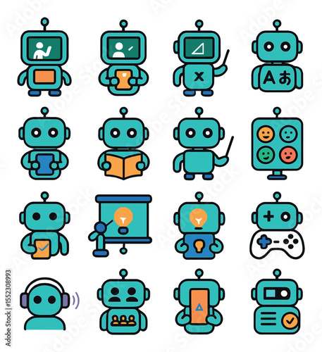 Educational robot assistant icons in modern flat vector in minimalistic vibrant color design: teaching bot with screen, interactive quiz robot, robotic chalkboard arm, language learning bot,