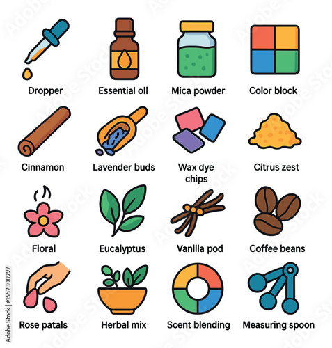 Scent and color additives icons in modern flat vector in minimalistic vibrant color design: fragrance oil dropper, essential oil bottle, mica powder jar, color block for wax, cinnamon stick for