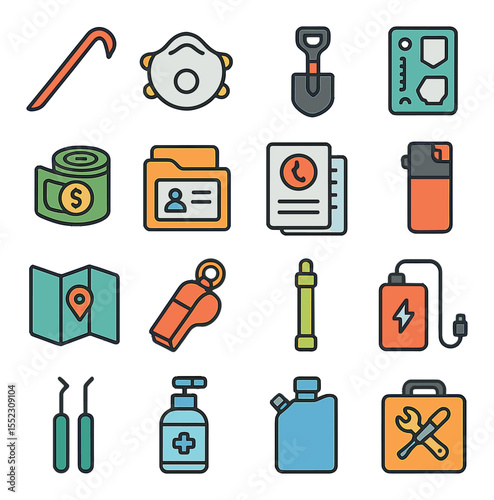 Urban survival kit essentials icons in modern flat vector in minimalistic vibrant color design: crowbar tool, N95 mask, folding shovel, multitool card, cash roll, ID documents folder, emergency