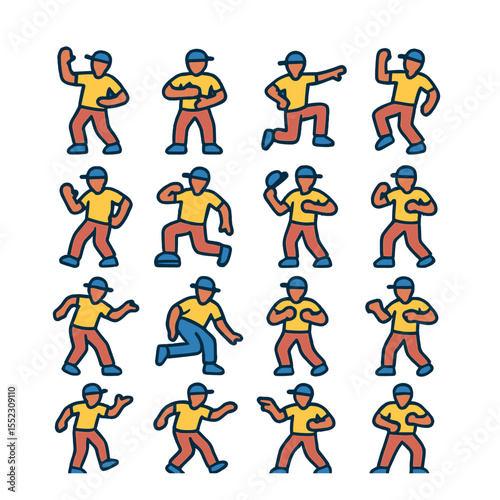 Hip-hop free poses icons in modern flat vector in minimalistic vibrant color design: arm wave, chest pop, knee drop, toe spin, shoulder hit, elbow groove, torso isolation, heel tap, lean and